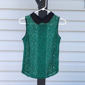 Sheer green lace top with black collar Anthropologie Meraki size M